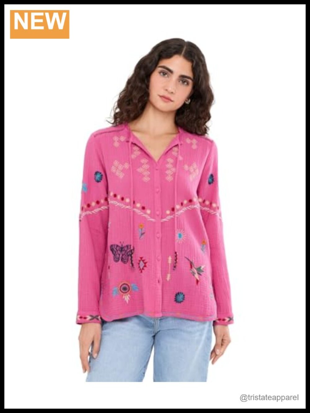 Bohemian Embroidered Cotton Button-Down Blouse Long Sleeve